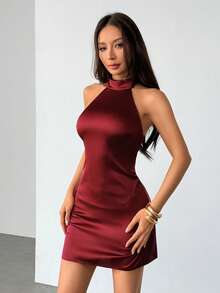 SHEIN PETITE Satin Backless Halter Neck Sexy Red Sleeveless A-Line Dress, Summer,Party Dresses For Women,Club Outfits Women Sexy - Burgundy - View 3