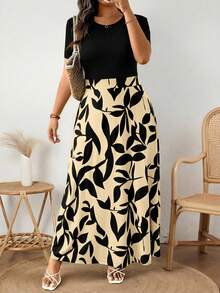 SHEIN Frenchy 大码休闲简约印花拼接修身长款连衣裙，针织面料，适合休闲度假、居家休闲穿着，绿色连衣裙 - 彩色 - 查看 3