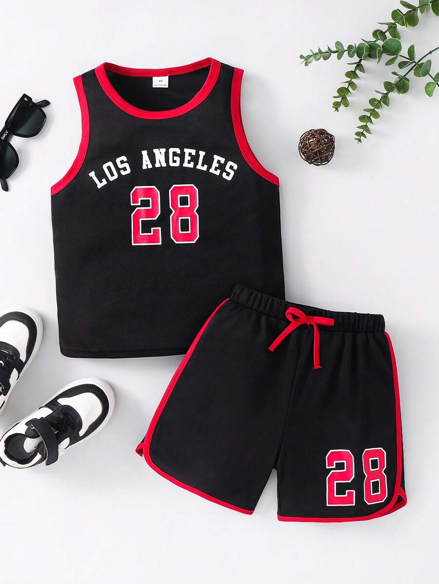 SHEIN 2pcs/Set Baju Musim Panas Anak Laki-Laki Kerah Bulat Tanpa Lengan dengan Trim Blok Warna dan Cetakan Huruf 28 - Hitam - View 1