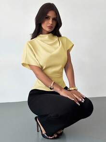Firerie Wrinkled Collar Asymmetrical Sleeve Side Ruched Cinched Waist Commuter Apricot Bamboo Fiber Linen Blouse For Women, All Season - Light Yellow - View 2