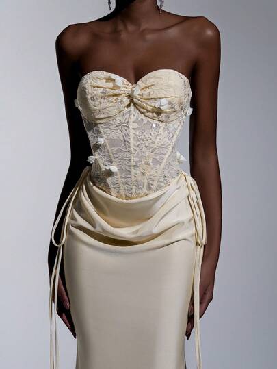 Elitara Elegant Khaki Luxury 3D Embroidered (Butterfly 3D Flower Quantity Random) Beaded Romantic Lace Strapless Waist Mesh Sheer Boned Basque Low Waist Ruched Fishtail Suitable For Date, Vacation, Single Party, Wedding, Prom, Daily Formal Dress For Ladies