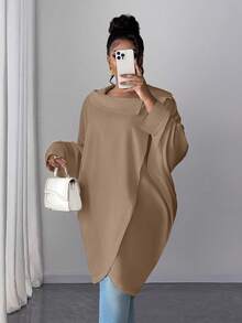Maweii Plus Size Solid Color Asymmetric Collar Elegant Long Sleeve Blouse - Coffee Brown - View 1