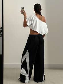 Coolane Women's Spring/Summer Streetwear Going Out Sport Casual Graphic Off Shoulder Slouchy Cropped White T-Shirt - White - View 4