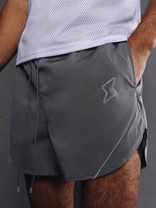 SUMWON Athletic Drawstring Shorts With Side Logo Detail And Curved Hem Design For Training Running Fitness Exercise - Grey - View 4