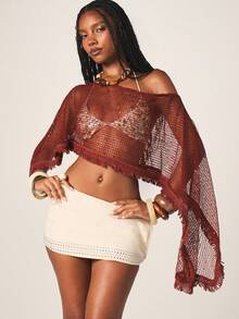 MISSGUIDED Metallic Fringe Crochet Off Shoulder Cape Top With Wide Sleeves And Shimmering Open Knit Design For Fall - Burgundy - View 1