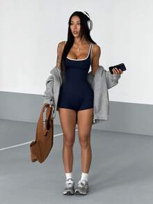 StreetHx Petite 夏季女士撞色无袖短款连体裤 - 藏蓝色 - 查看 4