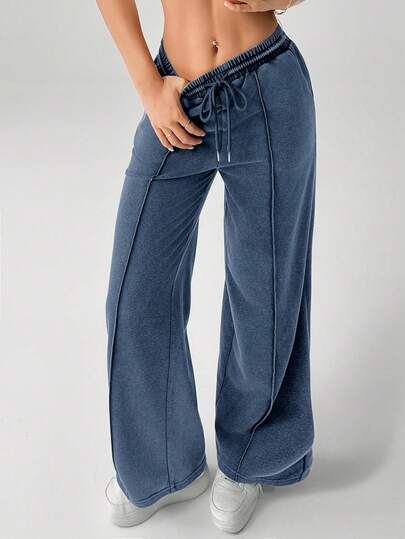 SHEIN PETITE Snow-Washed Women's Drawstring Wide Leg Sweatpants