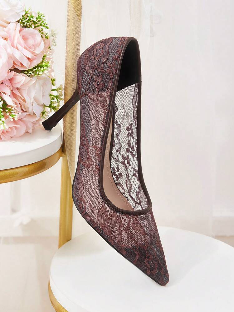 CUCCOO HITCHD Women's Floral Embroidered Lace Pointed Toe Stiletto High Heel Elegant Sweet Romantic Sexy White Mesh Lady's High Heel Dress Shoes, Bridal Shoes, Fashion Party Formal Wear, Suitable For Wedding, Christmas, Thanksgiving, Halloween, Birthday, Valentine's Day Wedding Shoes Summer Shoes Bride Shoes