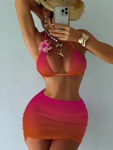 Swim SXY 3pcs Elegant, Sweet And Sexy Gradient Color Bikini Set With Chiffon Skirt Swimwear - Hot Pink - View 3