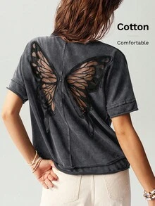 Bohemela Plus Size Casual Solid Color Knit Butterfly Back Sheer Design Round Neck Short Sleeve Loose T-Shirt,Vintage - Black - View 8