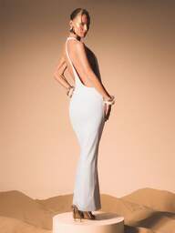 KIZN שמלת מקסי לבנה עם צווארון קולר וחגורה לגוף ולמסיבת ערב לאירועים רשמיים