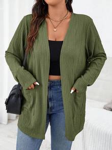 SHEIN Essnce 大码女装秋季新款时尚长袖双口袋开襟外套，商务风 - 橄欖綠 - 查看 6