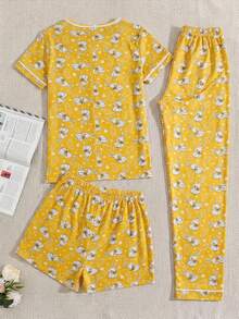 SHEIN Cottonline Relax Comfortable Cute Pattern Detailed 3 Pcs Sleep Set - Yellow - View 2