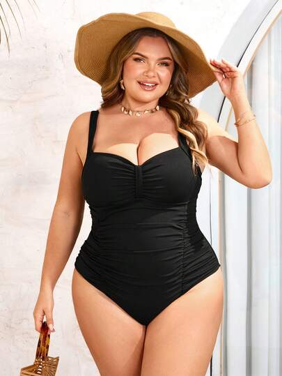SHEIN CURVE+ Plus Size Women Black Beach Holiday One-Piece Swimsuit