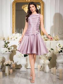 Modelyn 女士优雅褶皱腰身无袖短连衣裙，夏季 - 粉色 - 查看 1