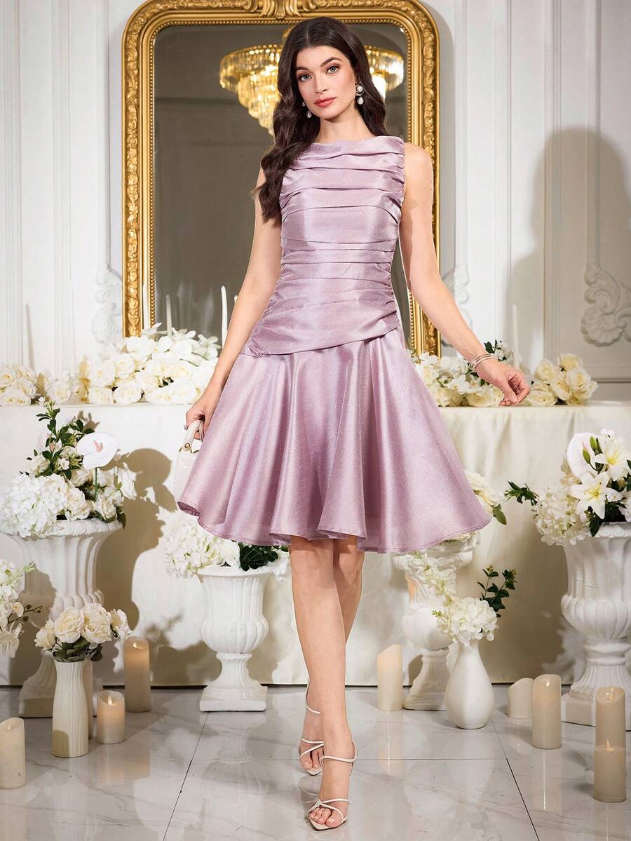 Modelyn 女士优雅褶皱腰身无袖短连衣裙，夏季 - 粉色 - 查看 1