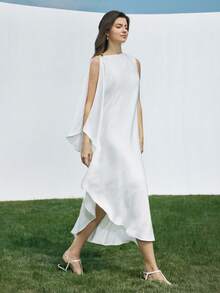 Ontre Vestido de mujer de marfil cómodo y suave de satén texturizado con cuello barco ajustado, sin mangas, diseño asimétrico, volante lateral, cierre con hebilla metálica, decoración elegante y moderna para invitada de boda, minimalista, romántico, francés, lujoso, urbano, elegante, casual de oficina, vintage discreto, de alta gama para viajes urbanos, esencial para aeropuerto y crucero en Oriente Medio, vestido versátil para todas las estaciones de la serie de bodas - Blanco - Ver 6