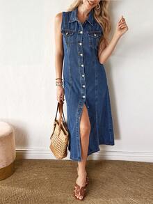 SHEIN Essnce Vestido de mezclilla de verano para mujer con botones frontales y sin mangas de unicolor - Azul - Ver 6