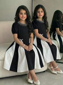 SHEIN Đầm xòe phối màu đen trắng, cổ ngọc trai, tay phồng, phong cách thường ngày thanh lịch cho bé gái tuổi teen, thích hợp đi làm ở thành phố, mùa xuân/hè. - Đen và trắng - Xem 3