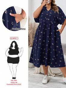 SHEIN CURVE+ 大码女式婴儿连衣裙、宽松连衣裙、夏季短袖连衣裙、宽松舒适的大码服装、印花连衣裙、度假连衣裙、女士休闲连衣裙、返校节连衣裙、女士教堂连衣裙、女士休闲连衣裙、教师服装、大码泡泡裙、秋季女装、工作连衣裙、外出连衣裙、休闲连衣裙 - 藏蓝色 - 查看 1
