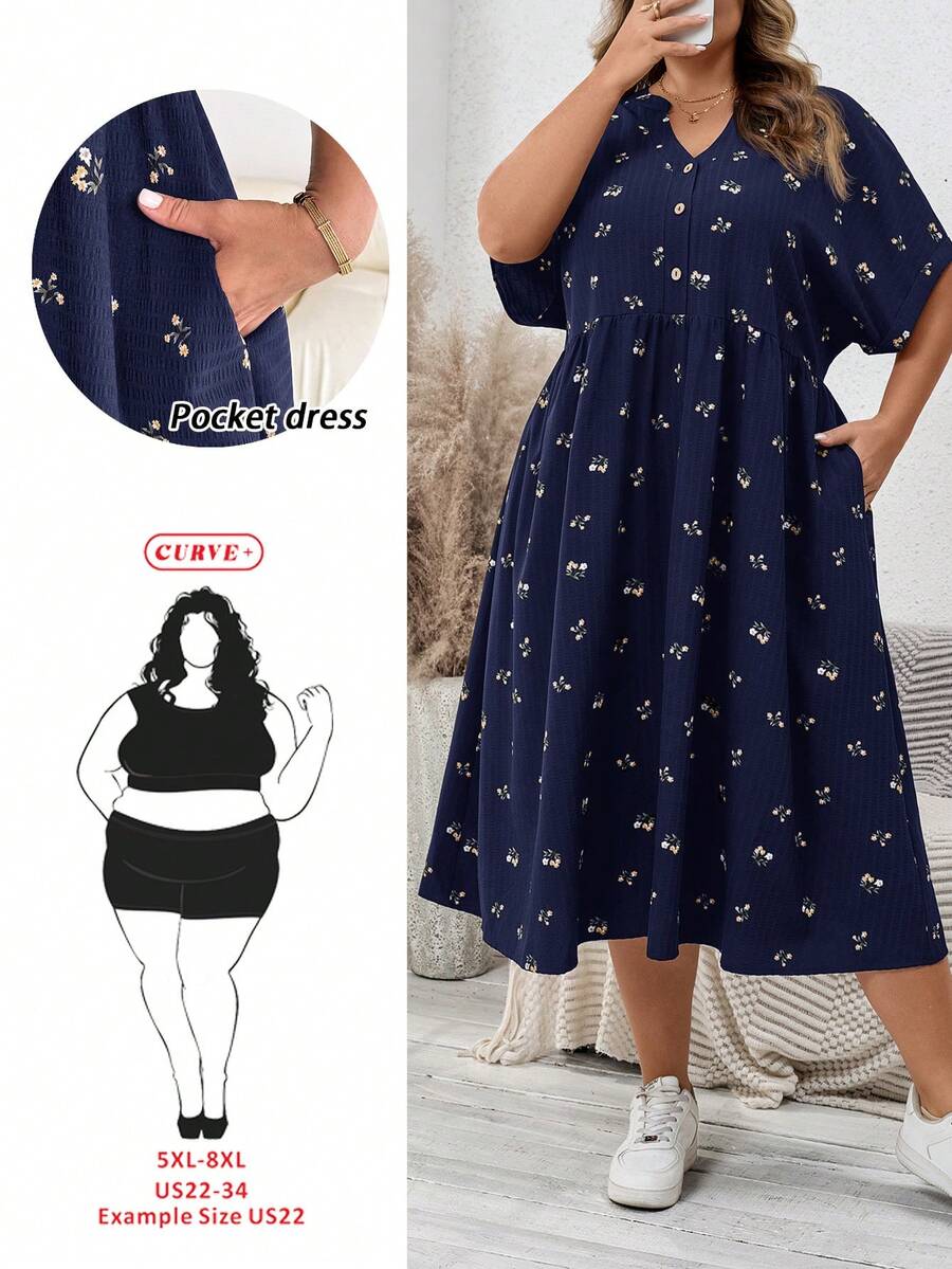 SHEIN CURVE+ 大码女式婴儿连衣裙、宽松连衣裙、夏季短袖连衣裙、宽松舒适的大码服装、印花连衣裙、度假连衣裙、女士休闲连衣裙、返校节连衣裙、女士教堂连衣裙、女士休闲连衣裙、教师服装、大码泡泡裙、秋季女装、工作连衣裙、外出连衣裙、休闲连衣裙 - 藏蓝色 - 查看 1