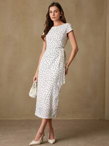 Revavyn Đầm ngắn tay ôm eo thanh lịch kiểu retro dành cho nữ, chất liệu vải chấm bi, thiết kế theo phong cách Pháp. - Đen và trắng - Xem 4
