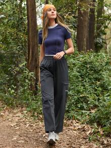 SHEIN In My Nature 女士抽绳腰带口袋设计宽松徒步裤 - 灰色 - 查看 5