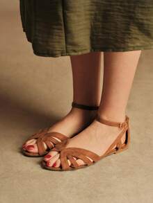 Rosivie Giày sandal nữ mùa hè mới, chất liệu da lộn màu nâu, kiểu dáng buộc dây, quai mảnh, hở mũi, gót cao kiểu La Mã, thời trang cho đi làm và dự tiệc. - màu nâu - Xem 2