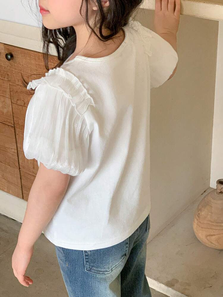 Young Girls Round Neck Ruffle Trim Puff Sleeve T-Shirt