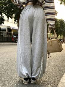 FRIFUL Women's Elastic Waist Contrast Lace Loose Casual Pants - Grey - View 4