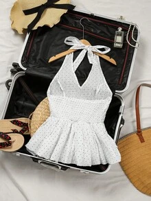 Trelyra Women's Elegant Vacation Sexy Spaghetti Strap V-Neck Backless Tie Ruffle Polka Dot Blouse - White - View 2