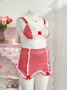 PetitDoll Valentine's Day Plus Size Cute Printed Patchwork Bow Decor Lingerie Set With Underwire, 3pcs - Red and White - View 6