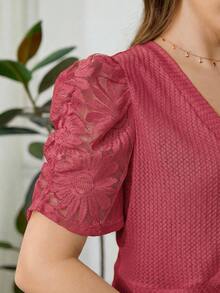 Reflora Chaqueta delgada para mujer talla grande, chaqueta ligera y elegante con mangas cortas de encaje en contraste color caqui - Rosado Sandía - Ver 6