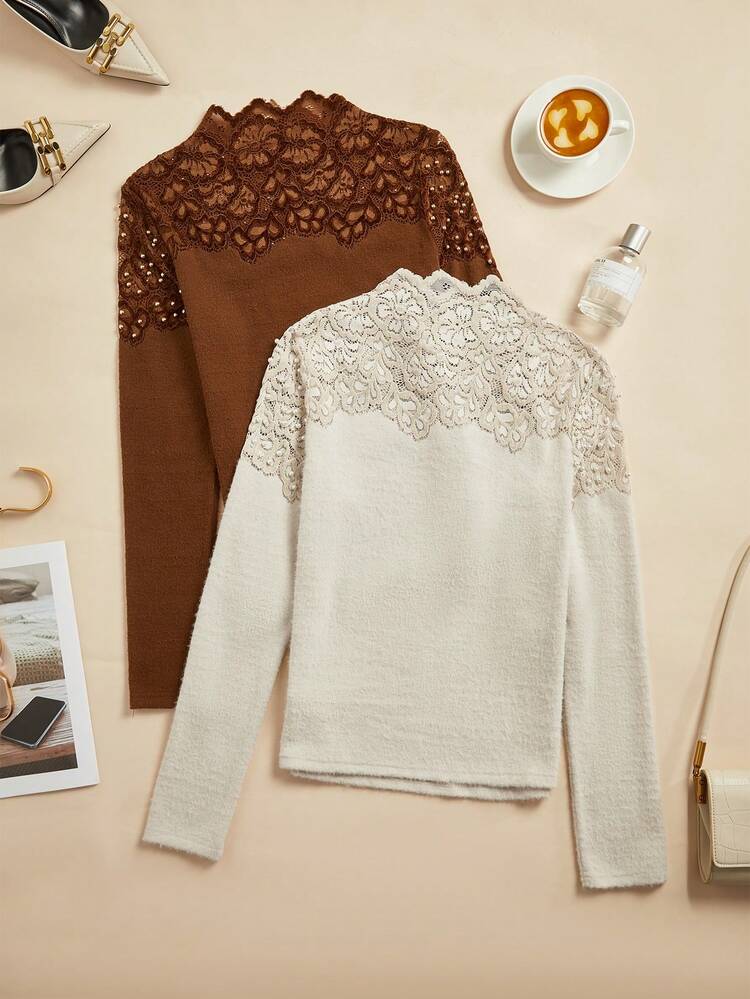 2 Pcs Elegant Lace Patchwork Pearl Embellished Crew Neck Knit Top T-Shirt Set