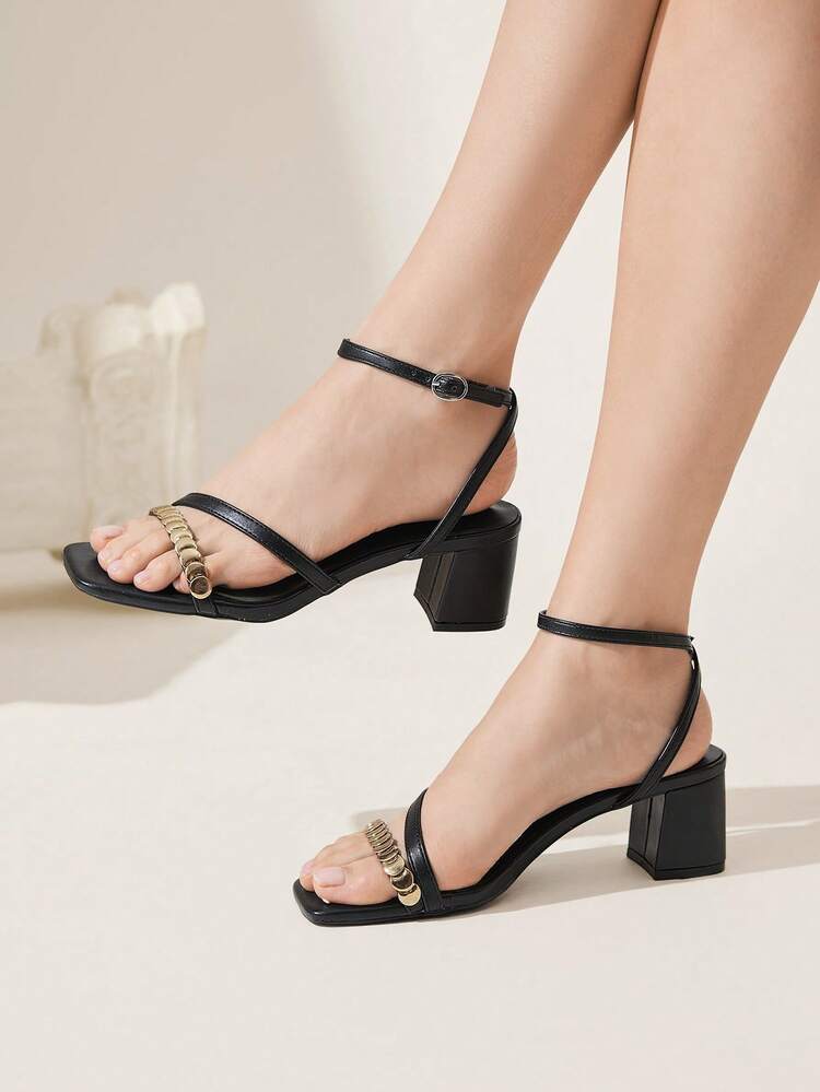 CUCCOO CHICEST Women's Black Square Toe Chunky Heel Sandals, Elegant Fashion Metallic Glitter Ankle Strap, Suitable For Valentine's Day Party And Elegant Outfit Valentine's Day Elegant Shoes