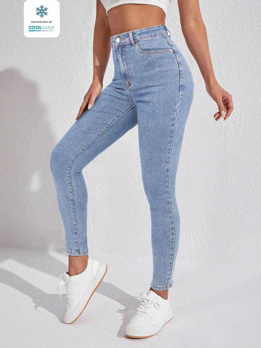 Flexra Women's High Waist Pocketed Skinny Casual Versatile Jeans - Blue - View 1