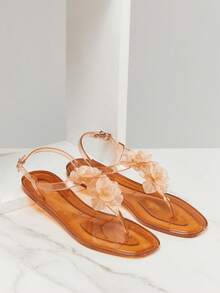 SHUZIA Damen Bequeme Lässig Jelly Flache Sandalen mit Blumen Dekor - Kaffeebraun - Übersicht 7