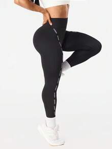 Seamluxe SHEIN Sport 黑色高腰时尚字母印花紧身裤，无缝瑜伽裤，健身跑步紧身裤 - 黑色 - 查看 5