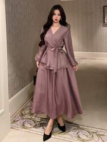 DAZY Women's Elegant Solid Color V-Neck Belted Shirt And A-Line Skirt 2-Piece Set, Spring/Summer - Pink - View 5