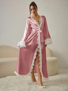 SHEIN Women's Contrast Color Lace Patchwork Flare Sleeve Elegant Robe - Dusty Pink - View 4
