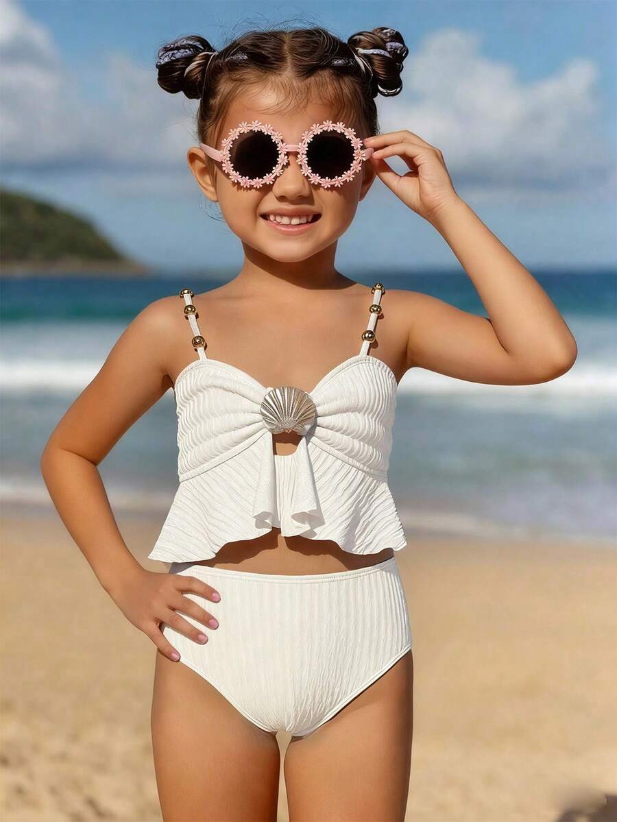 SHEIN Set de 2 trajes de baño de unicolor lindos para chica joven, traje de baño de playa de verano - Albaricoque - Ver 1