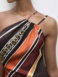 Maija Brown Dress Striped Dress With Asymmetric Hem, Asymmetrical Shoulder, Suitable For Vacation & Beach Tighten The Waist Beach Dress Summer Dress Festival Dresses Elegant Holiday Outfits - Multicolor - View 2