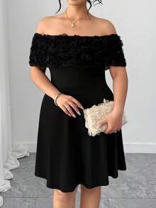 Elenzga Plus Size Women Off-Shoulder Floral Decor Elegant Waist Cinched Party Dress - Black - View 6
