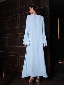 Al Najma 优雅花卉荷叶边喇叭袖修身女士土耳其长袍和阿拉伯传统长裙 - 藍色 - 查看 2