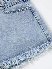 SHEIN Essnce Quần short denim trơn màu, gấu quần rách, túi xéo, kiểu dáng thường ngày. - Rửa nhẹ - Xem 3