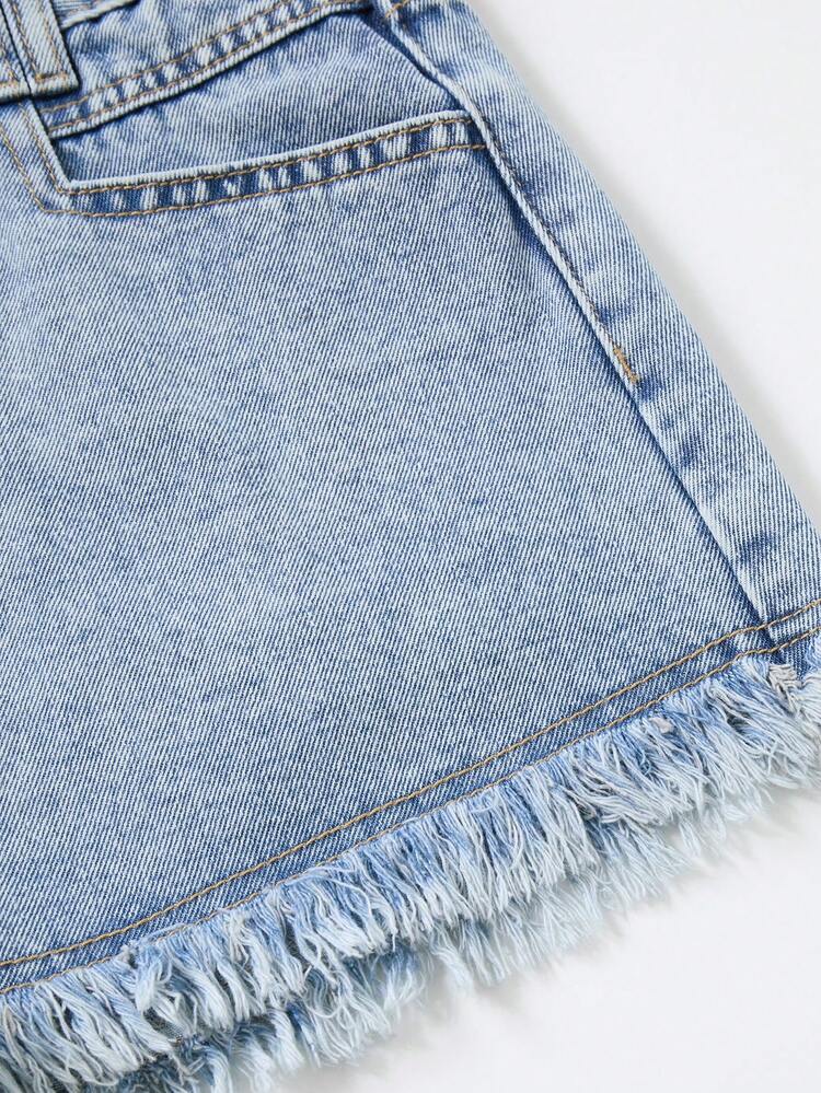 SHEIN Essnce Plain Color Frayed Hem Slant Pocket Casual Denim Shorts - Light Wash - View 3