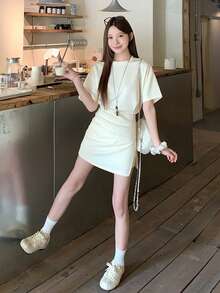 DAZY Women's Soft & Gentle Fashion Top + Skirt Pants 2 Pieces Set, Summer - Apricot - View 1