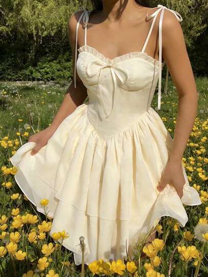 SHEIN MOD Women's Retro Romantic Solid Color Organza Spaghetti Strap Dress, Suitable For Spring/Summer, Vintage Palace Style, Daily Wear, Garden, Wedding Season, Wedding Guest Attire, Layered Puff Skirt