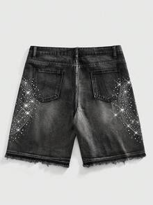 ROMWE MEN Street Life Men's Casual Washed Rhinestone Denim Shorts - Black - View 2