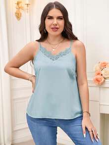 Reflora Kamisol Renda Kontras Warna Polos Elegan Ukuran Besar untuk Musim Panas - Baby Blue - View 4